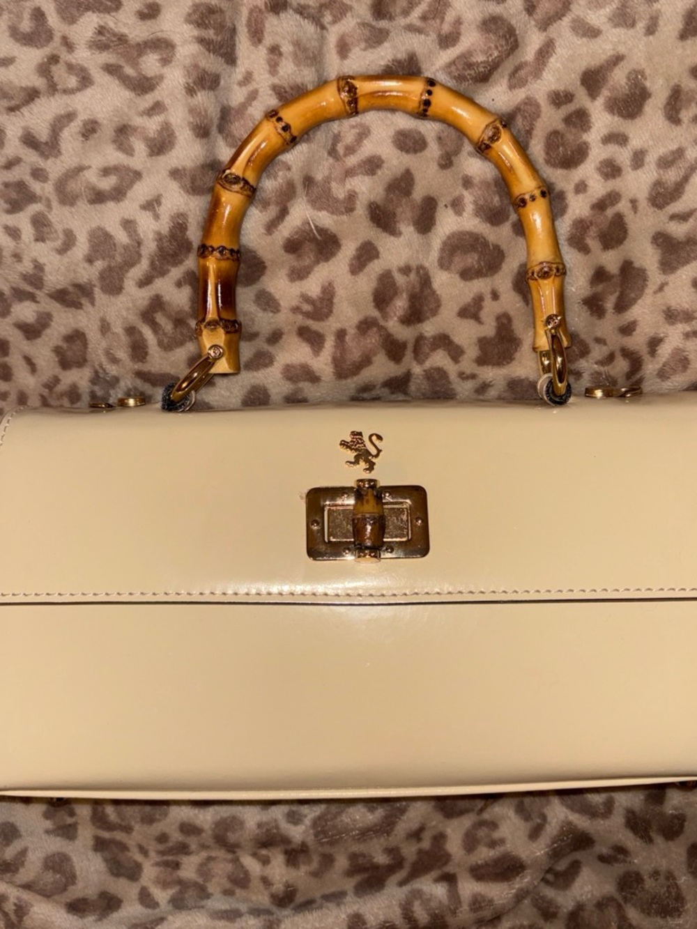 Cream Leather Top-Handle Satchel with Bamboo Handle